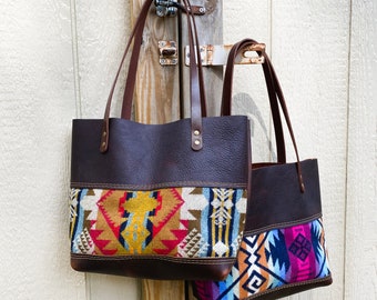 Leather and Wool Panel Tote | Wool Brown Leather Tote | Boho Bag | Black Leather Bag Southwestern Yellowstone Style