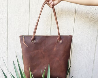 Genuine Handmade Leather Porter Tote in Black or Brown, Two Size Options, Classic Sleek Style, Made in USA, Sturdy and Thick Leather