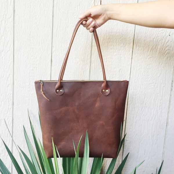 Genuine Handmade Leather Porter Tote in Black or Brown, Two Size Options, Classic Sleek Style, Made in USA, Sturdy and Thick Leather