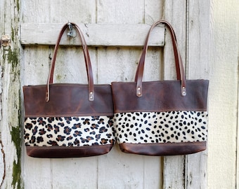 Leopard and Cheetah Panel Tote brown leather tote | brown leather bag | brown leather purse Animal Print Handmade in USA