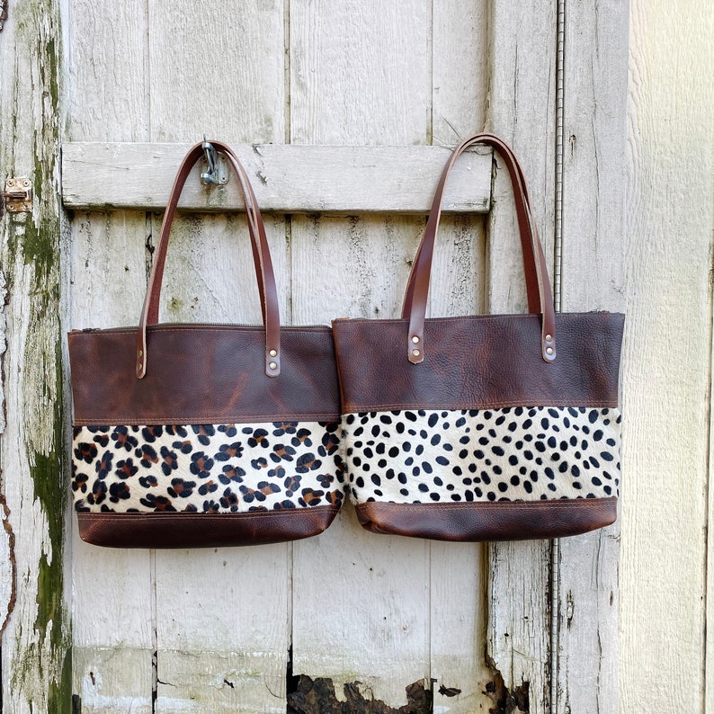 Leopard and Cheetah Panel Tote brown leather tote brown leather bag brown leather purse Animal Print Handmade in USA image 1