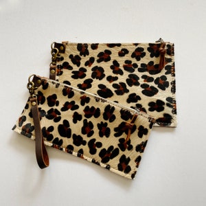 Handmade Leopard and Cheetah Print Leather Wallet with Zipper  Brown Leather Wristlet Clutch  Made in USA