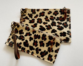Handmade Leopard and Cheetah Print Leather Wallet with Zipper  Brown Leather Wristlet Clutch  Made in USA