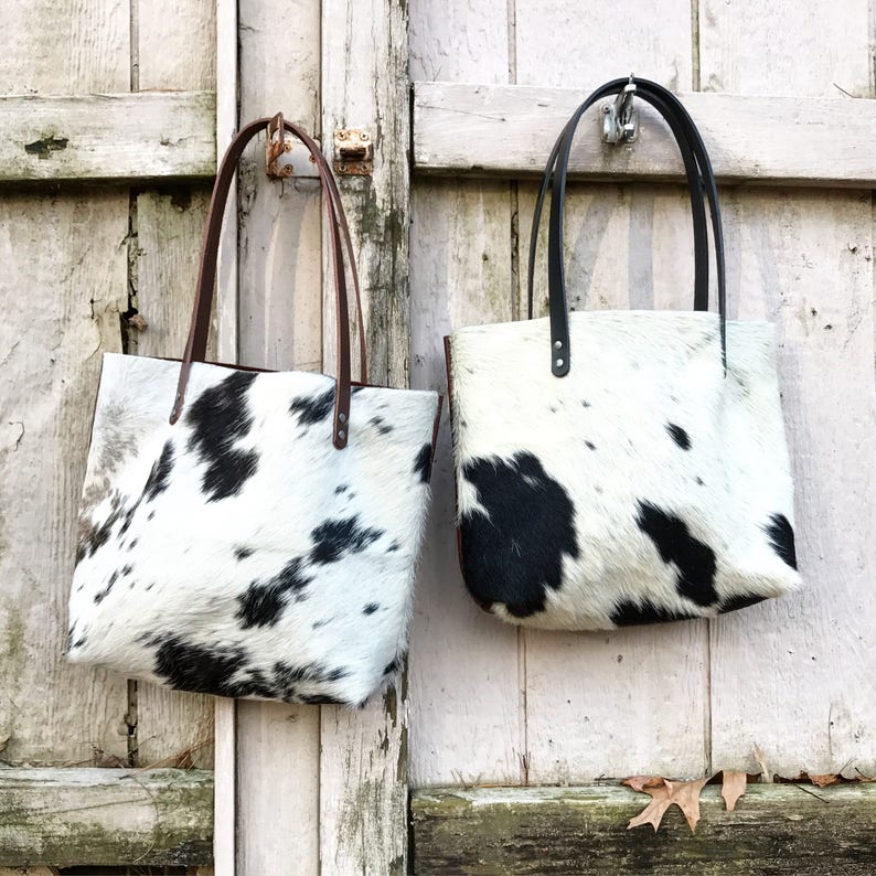 Cowhide Leather Tote Leather Tote Leather Bag Cowhide Etsy