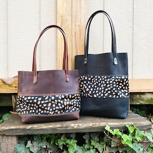 Leopard and Cheetah Panel Tote brown leather tote brown leather bag brown leather purse Animal Print Handmade in USA image 2