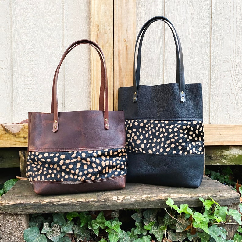 Leopard and Cheetah Panel Tote brown leather tote brown leather bag brown leather purse Animal Print Handmade in USA image 2