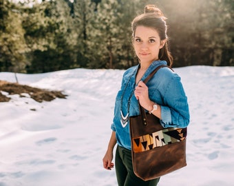 Brown Leather and Wool Tote  Boho Chic Bag with Southwestern Yellowstone Design Handmade in USA