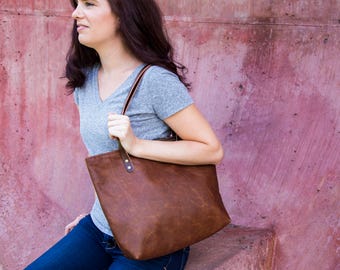 USA Made Rustic Leather Tote Slim and Sleek - Multiple Color  Strap Options - Slim Sleek Design - Brown or Black - Zippered