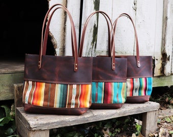 Handmade Leather Serape Panel Tote  Brown Wool Western Southwestern Boho Bag  Yellowstone Made in USA