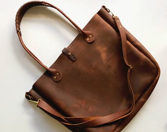 Handcrafted Brown Leather Tote - Large Campbell Tote Made in NC USA - Functional Work Bag
