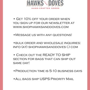 May include: A pink and white graphic with the text "HAWKS & DOVES HAND-CRAFTED GOODS" and a list of information about the shop, including a 10% discount for signing up for the newsletter, contact information, and shipping details.