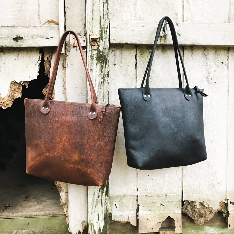 Genuine Handmade Leather Porter Tote in Black or Brown, Two Size Options, Classic Sleek Style, Made in USA, Sturdy and Thick Leather image 10