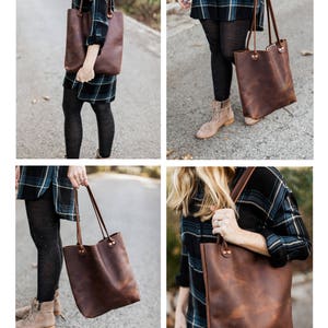 Genuine Handmade Leather Porter Tote in Black or Brown, Two Size Options, Classic Sleek Style, Made in USA, Sturdy and Thick Leather image 3