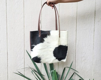 Handmade Cowhide and Leather Tote Genuine Sturdy Leather Made in USA - Western Ranch Yellowstone Cowgirl Style