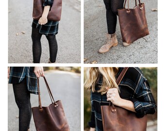Handmade Sturdy Leather Porter Tote Bag - Brown and Black Options Available - Zippered Closure - Stylish and Functional