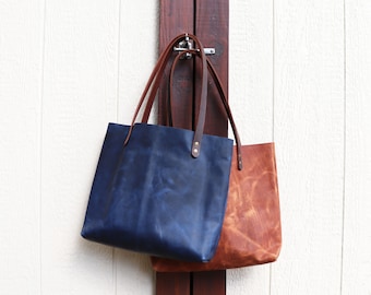 Handmade USA Rustic Leather Tote in Multiple Colors - Carmel Brown and Black