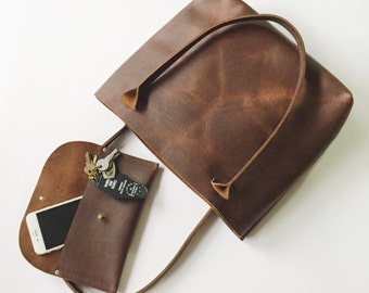 Short Brown Porter Tote and June Wallet GIFT SET Brown leather Tote Purse Bag Rustic Chic Classic Style Handmade with Genuine Leather in USA