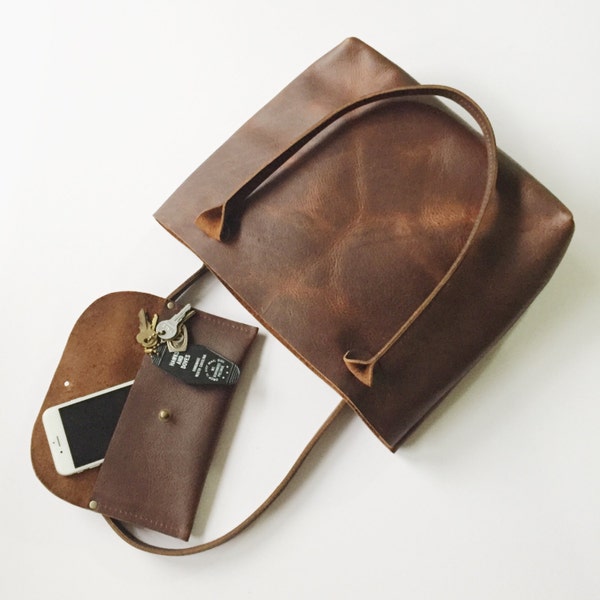 Short Brown Porter Tote and June Wallet GIFT SET Brown leather Tote Purse Bag Rustic Chic Classic Style Handmade with Genuine Leather in USA