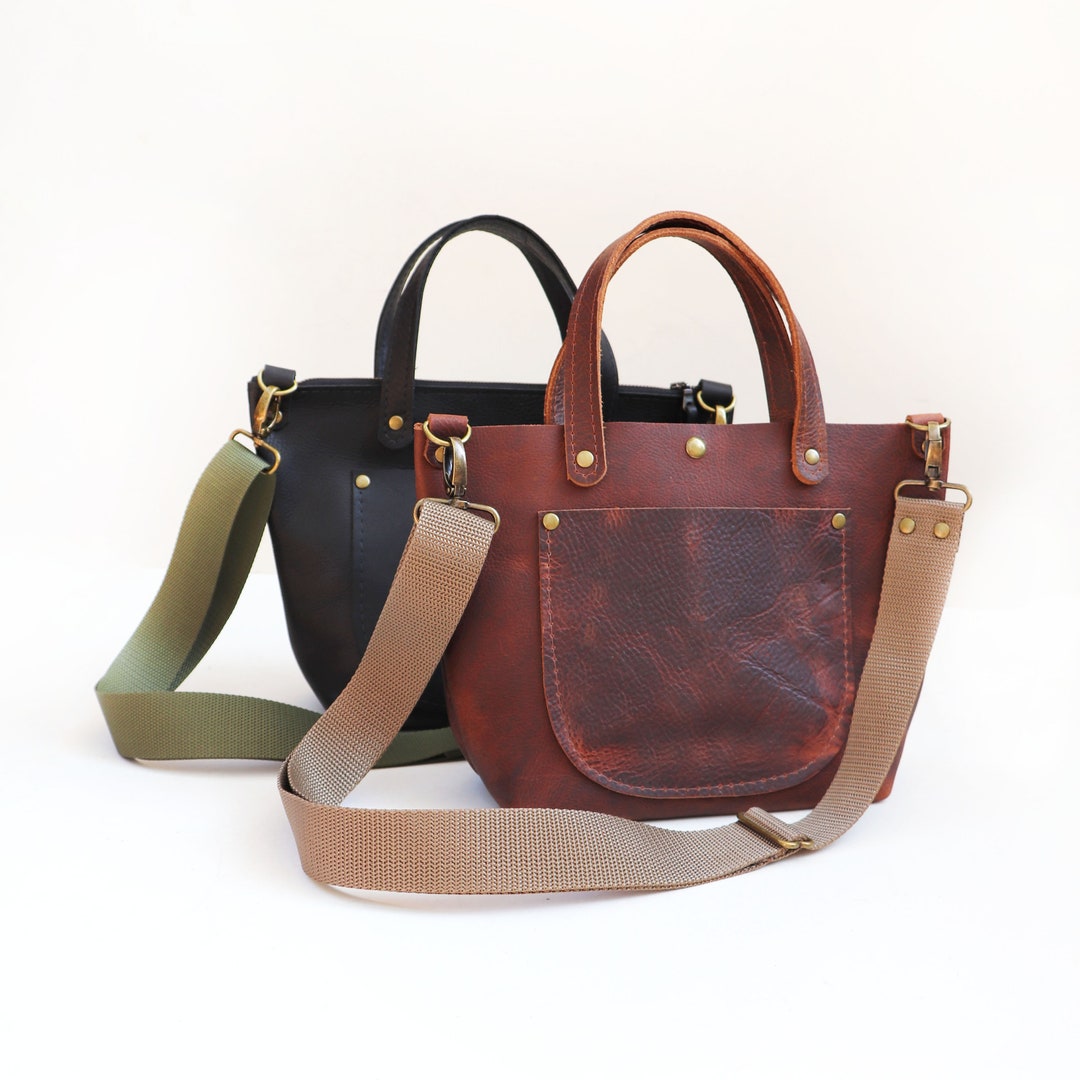 Small Leather Crossbody Tote, the Jane, Zipper and Exterior Pocket, Handmade in NC USA, Etsy