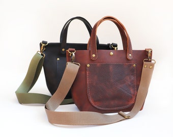 Small Leather Crossbody Tote, The Jane, Zipper and Exterior Pocket, Handmade in NC USA,