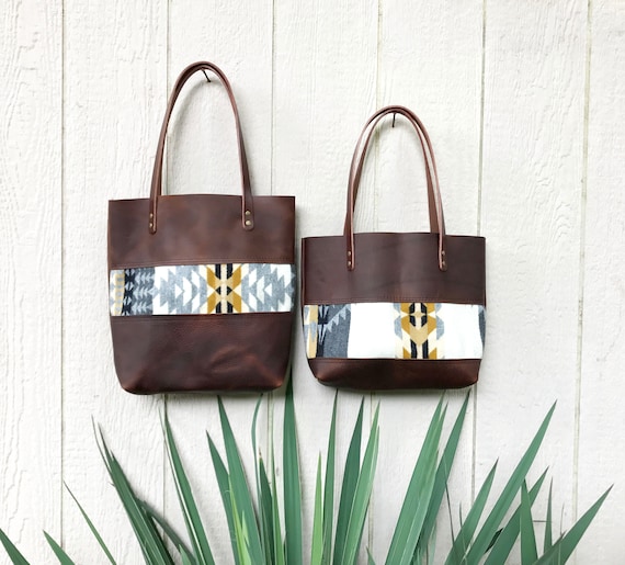 Boho Leather and American Made Wool Tote - Brown and Black  display picture 1