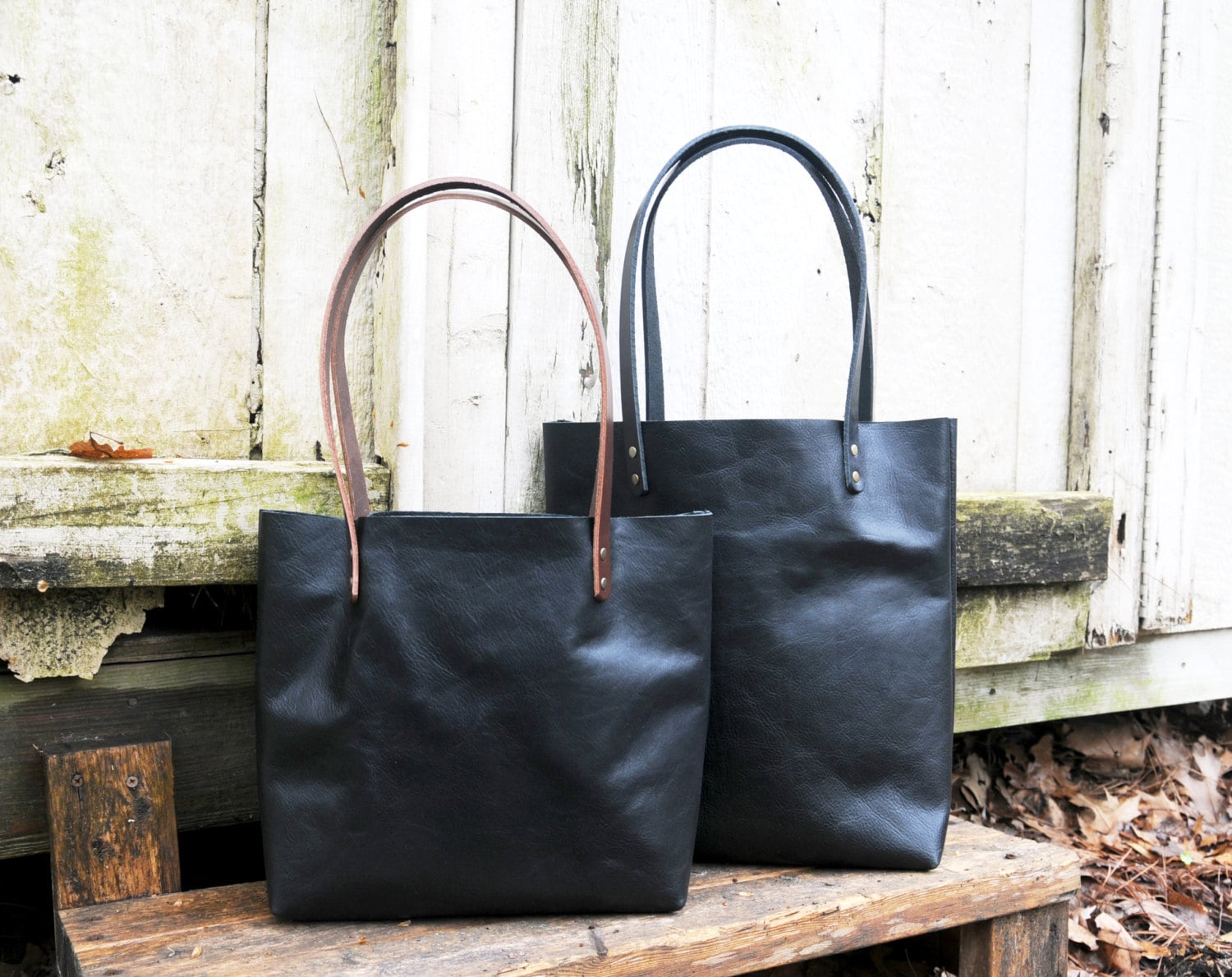 Handmade Genuine Leather Tote Bag Purse in Multiple Colors and Strap Options, Made in North Carolina, Brown Black Carmel