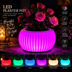 Può includere: Un vaso per piante a LED rotondo e scanalato contenente rose rosa, illuminato in viola vibrante. Il testo recita LED PLANTER POT, LIGHT UP YOUR HOME AND GARDEN, Beautiful by Day Magical by Night. Sei immagini più piccole mostrano il vaso in rosso, verde, blu, viola, bianco caldo e blu ghiaccio.