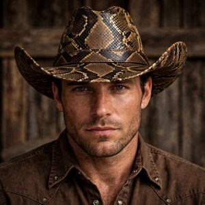 May include: A cowboy hat featuring a brown and black snakeskin pattern with a structured crown and a curved brim. The hat has a matching band around the base of the crown and is worn by a person with a brown shirt.