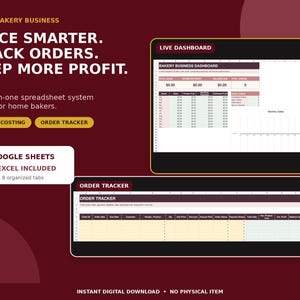 Może przedstawiać: Cyfrowy system arkuszy kalkulacyjnych dla domowych piekarni z pulpitem nawigacyjnym na żywo i śledzeniem zamówień. Interfejs zawiera tekst PRICE SMARTER. TRACK ORDERS. KEEP MORE PROFIT. GOOGLE SHEETS + EXCEL INCLUDED oraz 8 zorganizowanych kart.