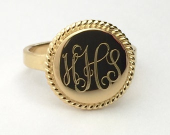 Gold Plated Nautical Rope Monogrammed Ring for Women or Christmas Present Round