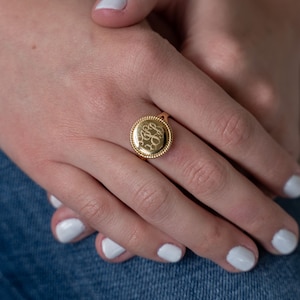 Monogram Gold Ring Nautical Rope Edge Ring for Women or Bridesmaid Presents Gold Plated Over Silver Round