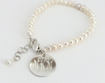 Monogrammed Pearl Baby Bracelet, Pearl Baby Jewelry Personalized, Baptism Gift, Christening Gift, New Baby Gift