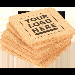 May include: A stack of six cork coasters with a brown square design that says "YOUR LOGO HERE" in black text.