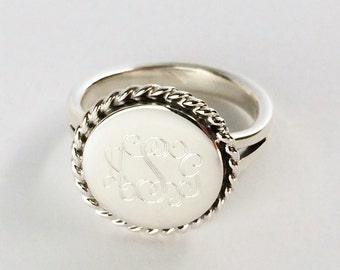 Nautical Rope Monogrammed Ring in Sterling Silver for Women or Christmas Present Round
