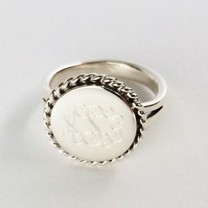 Nautical Rope Monogrammed Ring in Sterling Silver for Women or Christmas Present Round