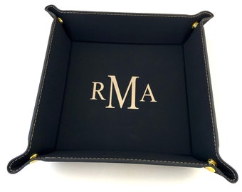 Personalized Tray Snap Valet Monogram Leatherette Caddy 3 Colors Available Black with Gold, Grey with Black and Brown with Black