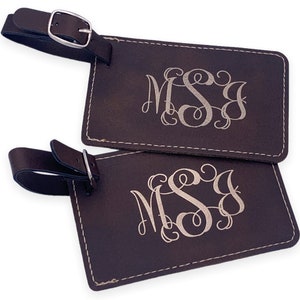 Monogram Luggage Tags in Rustic Brown with Gold Travel Gift Laser Engraved Cutom Personalized Luggage Tags