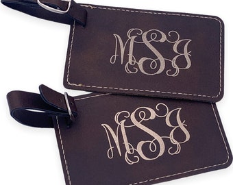 Monogram Luggage Tags in Rustic Brown with Gold Travel Gift Laser Engraved Cutom Personalized Luggage Tags