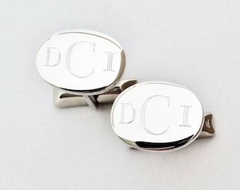 Wedding Cufflinks Sterling Silver Monogram Cufflinks Custom Engraved - Oval Cuff Links Personalized