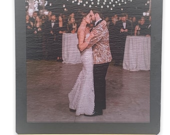 Wedding Photo on Natural Slate Plaque with Wooden Easel - Full Color Photo Gift for Anniversary, Wedding, Family, Baby, Natural Stone Slate