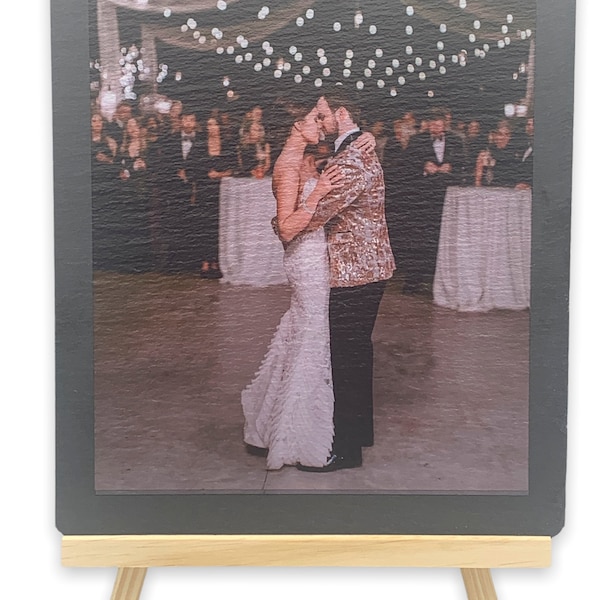 Wedding Photo on Natural Slate Plaque with Wooden Easel - Full Color Photo Gift for Anniversary, Wedding, Family, Baby, Natural Stone Slate