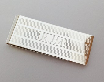 Sterling Silver Money Clip Personalized- Classic Linear Design Monogram Engraving Included