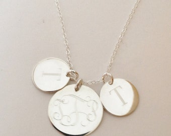 Mothers Necklace Monogrammed Necklace in Sterling Silver with Three Discs Engraved