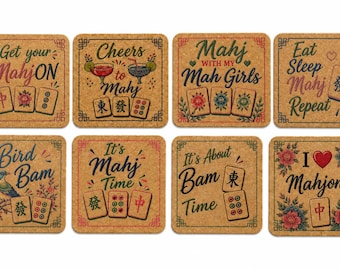 Mahjong Coasters Set of Eight Cork Square Coasters Mahjong Party Girls Night Hostess Gift