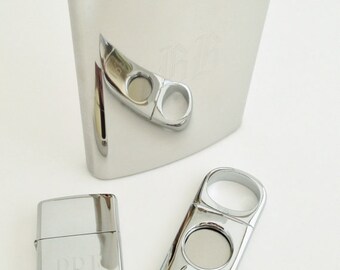 Engraved Cigar Cutter, Flask, and Zippo Lighter Set - Gift for Man or Groomsmen