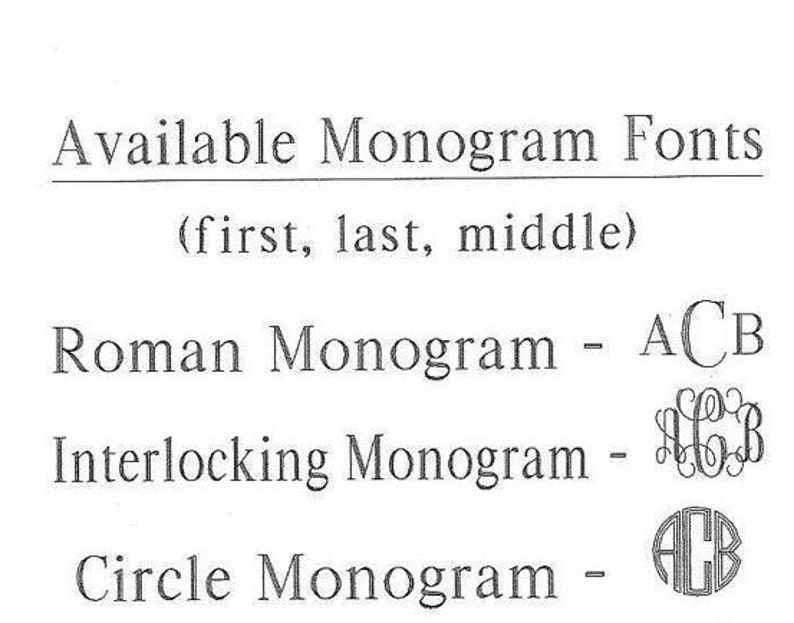 Pode incluir: Um gr&aacute;fico mostrando tr&ecirc;s estilos de fonte de monograma diferentes: romano, entrela&ccedil;ado e c&iacute;rculo. Cada estilo &eacute; mostrado com as letras ACB.
