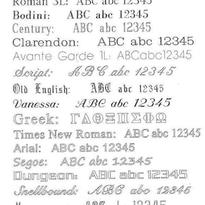 May include: A list of different fonts with examples of the letters ABC and the numbers 12345. The fonts include Roman 3L, Bodini, Century, Clarendon, Avante Garde 1L, Script, Old English, Vanessa, Greek, Times New Roman, Arial, Segoe, Dungeon, Snellbound, and Monogram. The text at the bottom of the image reads "(for initials: first, middle, last - all same size)".