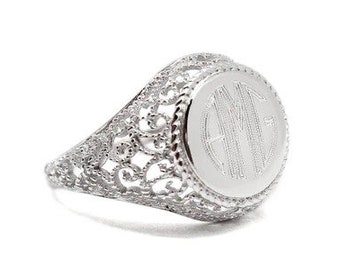 Elegant Round Filagree Ring Sterling Silver Monogrammed Ring Sterling Silver Beautifully Engraved for Free