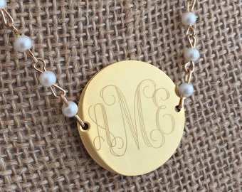 Statement Large Monogram Gold and Pearl Necklace, Personalized Pearl Necklace, Personalized Bridesmaid Gift