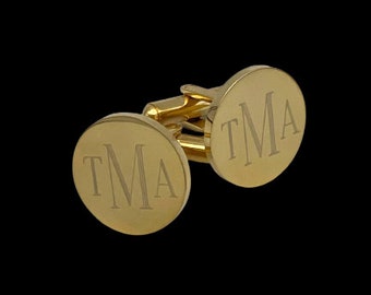 Gold Cuff Links Custom Engraved - Round Monogrammed Engraved Personalized Stainless Steel